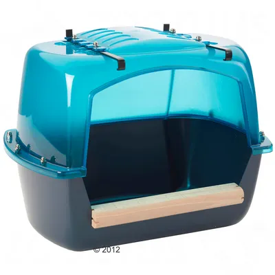 Bagno per uccelli in plastica con tetto trasparente blu e posatoio in legno, adatto per il montaggio in gabbia.