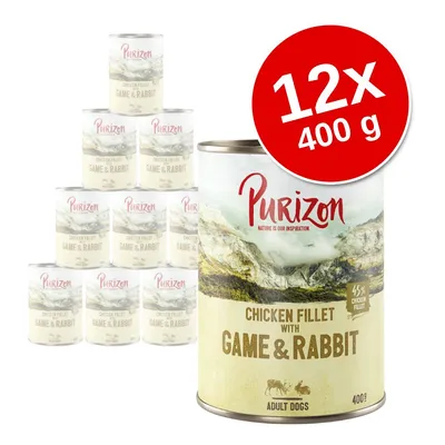 Purizon Chicken Fillet with Game & Rabbit dla dorosłych psów, zestaw 12 puszek po 400 g. Widoczny napis: 45% chicken fillet.