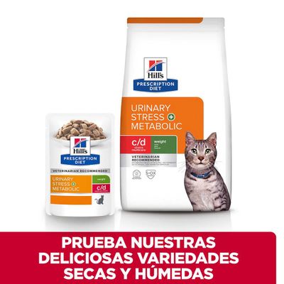 Hill's Prescription Diet Urinary Stress + Metabolic c/d, comida seca y húmeda, recomendado por veterinarios, con imagen de un gato.