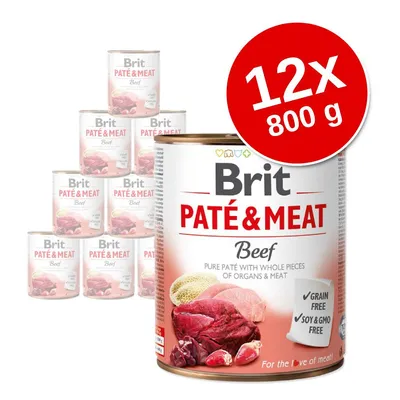 Консервы Brit Paté & Meat Beef, 12×800 г. На упаковке: Grain free, Soy & GMO free. Изображены куски мяса и субпродуктов.