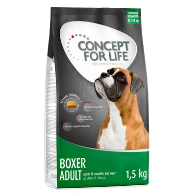 Sac Concept for Life Boxer Adult 1,5 kg, pour chiens de 22–38 kg, texte visible : Special Formula, Optimum digestion, Cartilage and joint protection, Cardiac support & function.
