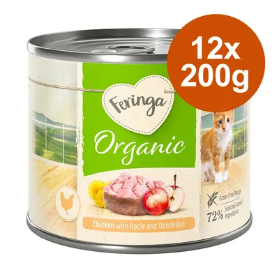 Feringa Organic karma dla kotów, 12x200g puszek, kurczak z jabłkiem i mniszkiem, bezzbożowa receptura, 72% wyselekcjonowanych składników zwierzęcych.