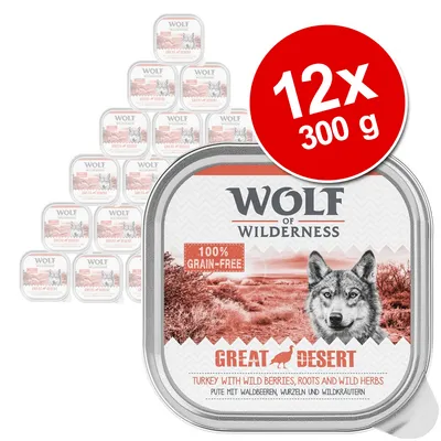 Wolf of Wilderness Great Desert, 12×300 g, 100% grain-free. Turkey with wild berries, roots and wild herbs. Obal produktu s viditelným názvem a informacemi o složení. Wolf of Wilderness Great Desert, 12×300 g, 100% grain-free. Turkey with wild berries, roots and wild herbs. Obal produktu s viditelným názvem a informacemi o složení.