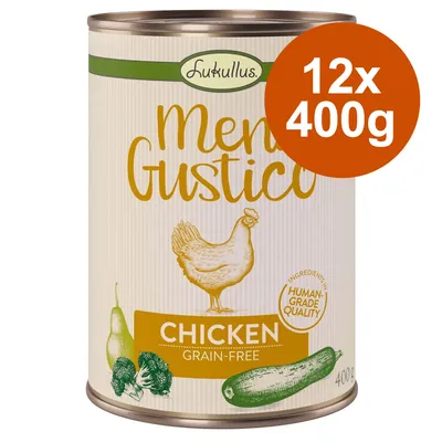 Lukullus Menu Gustico, 12x400g Dosen, Chicken, getreidefrei, Zutaten in Human-Grade-Qualität. Abgebildet: Huhn, Zucchini, Brokkoli.