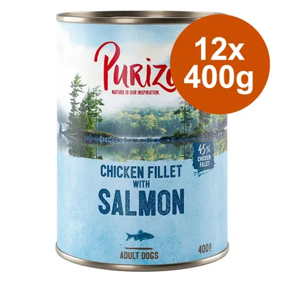 Purizon Chicken Fillet with Salmon, 45 % chicken fillet, 12x400g, pour chiens adultes. Texte en anglais sur l’emballage.