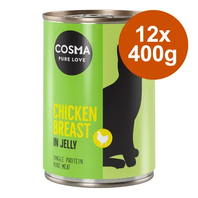 Cosma Pure Love Chicken Breast in Jelly, Single Protein, Pure Meat, 12x400g. Grünes Design mit Silhouette einer Katze und Huhn-Symbol.