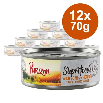 Purizon Superfoods, vildsvin med sild, sød kartoffel og æble, 12 dåser à 70g.