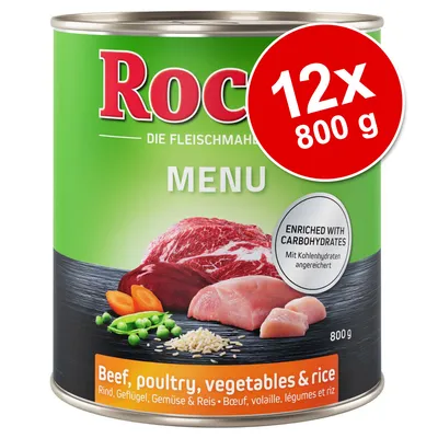 Rocco Menu burk, 800 g. Text: Enriched with carbohydrates. Beef, poultry, vegetables & rice. Förpackning med 12 x 800 g synlig på röd cirkel.