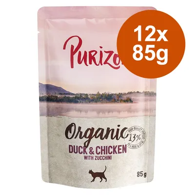 Purizon Organic Duck & Chicken med zucchini, 12x85g, 13% protein, 85g förpackning. Högkvalitativa ingredienser för katter.