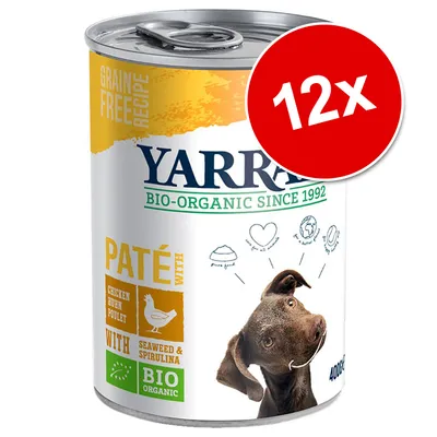 Yarrah Bio-Organic Since 1992, paté med kyckling, sjögräs och spirulina. Grain free recipe. 12x400g. Bild på hund på burken.