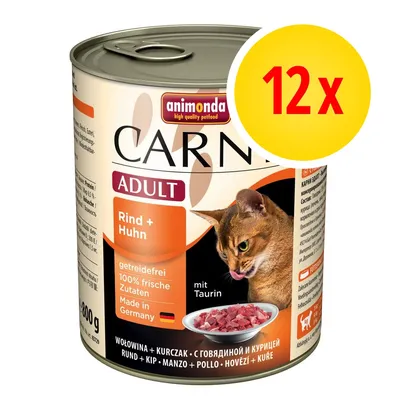 Konzerva animonda Carny Adult Rind + Huhn, 800 g, 12×. Text: getreidefrei, 100% frische Zutaten, Made in Germany, mit Taurin. Na obrázku kočka a miska s masem.