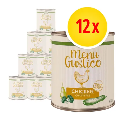 12× Menu Gustico Chicken Grain-Free, 800 g. Na etiketě kuře, zelenina, text: Human Grade Quality, Ingredients. Viditelné plechovky s nápisem Menu Gustico.