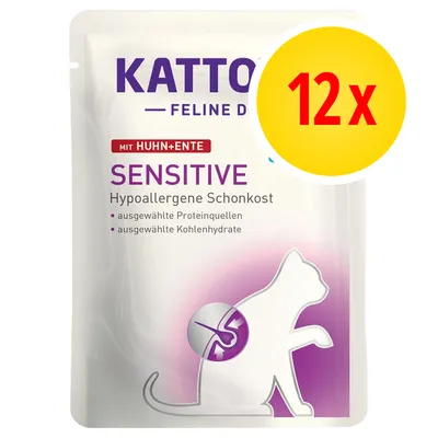 Kattovit Feline Diet Sensitive con pollo e anatra, 12 x, alimento ipoallergenico per gatti. Testo in tedesco: Hypoallergene Schonkost, ausgewählte Proteinquellen, ausgewählte Kohlenhydrate.