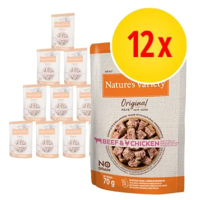 12 x Nature's Variety Original Beef & Chicken, 70 g portionspåsar. Text: NO GRAIN. Bild på förpackning med köttbitar.