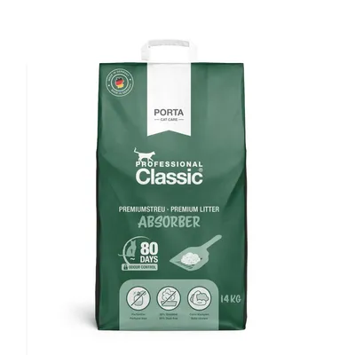 Porta Cat Care Professional Classic Absorber lettiera per gatti, 80 giorni odour control, senza profumo, 99% priva di polvere, solidi grumi, sacco da 14 kg. Testo in inglese e tedesco.