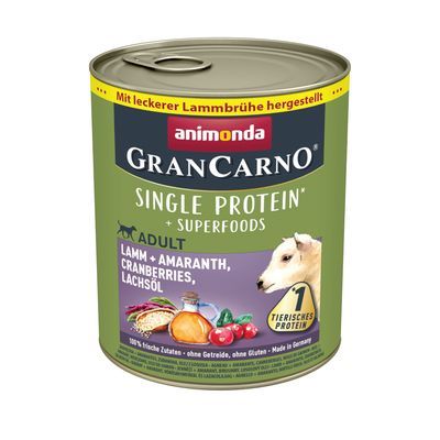 animonda GranCarno Single Protein + Superfoods Adult, lamsvlees, amaranth, cranberries, zalmolie. 1 dierlijk eiwit. Met lekkere lamsbouillon bereid. 100% verse ingrediënten, zonder granen/gluten.