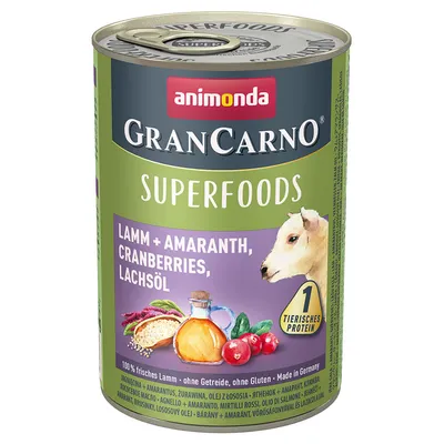 animonda GranCarno Superfoods Lamm + Amaranth, Cranberries, Lachsöl. 1 tierisches Protein. 100% frisches Lamm, ohne Getreide, ohne Gluten, Made in Germany.
