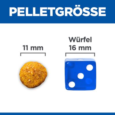 Vergelijking pelletgrootte: ronde brok 11 mm naast blauwe dobbelsteen (Würfel) van 16 mm. Tekst in afbeelding is Duits.