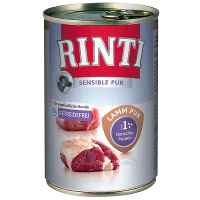 Lata de comida para perros Rinti Sensible Pur, texto visible: 'GETREIDEFREI', 'Lamm Pur', 'nur 1 tierisches Protein', imagen de carne cruda en la etiqueta.