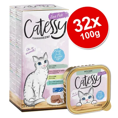 Catessy Fine Paté Yummmmeow! 32 x 100g, no added sugar, with game, pheasant & turkey, lamb, plaice & MSC fish. Box and single tray shown. Large red circle: 32x 100g.