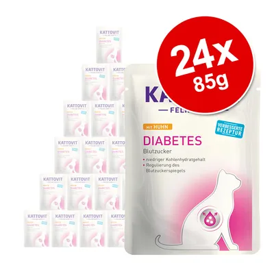 Kattovit Feline Diabetes s kuracím mäsom, 24x85g. Nízky obsah sacharidov, regulácia hladiny cukru v krvi, vylepšená receptúra.
