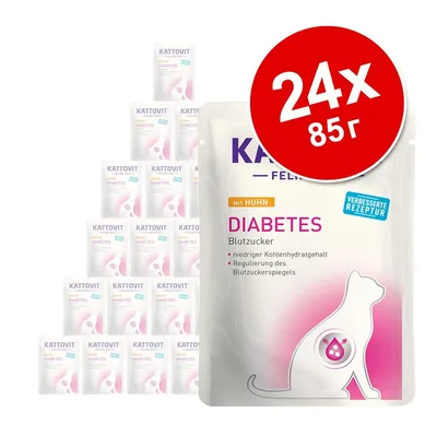 Kattovit Feline Diabetes с пиле, 24х85 г. Видим текст: ниско съдържание на въглехидрати, регулиране на кръвната захар, подобрена рецепта.