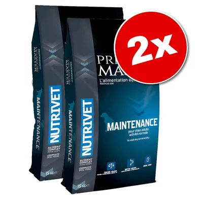 2x Nutrivet Maintenance teljes értékű kutyatáp, 15 kg-os zsákok, kék csomagolásban, felnőtt kutyáknak normál aktivitáshoz. Látható: márkanév, terméknév, kiszerelés.