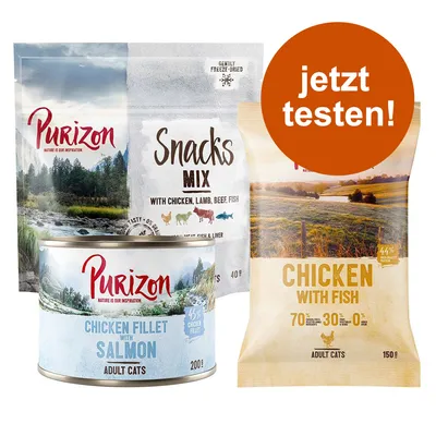Purizon Snacks Mix mit Huhn, Lamm, Rind, Fisch; Chicken Fillet with Salmon für erwachsene Katzen; Chicken with Fish für erwachsene Katzen. Jetzt testen!