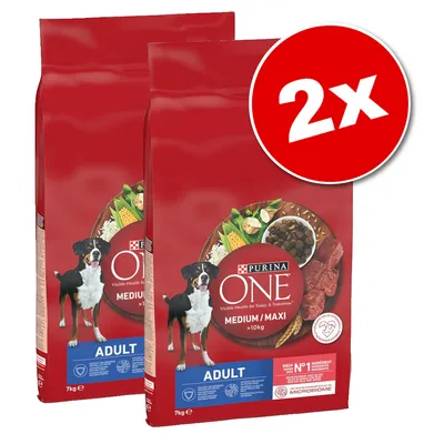 Lot de 2 sacs Purina ONE Medium/Maxi Adult >10 kg, 7 kg chacun. Texte visible : bœuf N°1 ingrédient, soutien microbiome, santé visible aujourd’hui et demain.