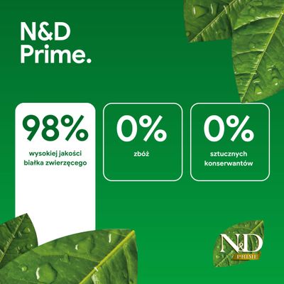 N&D Prime. 98% wysokiej jakości białka zwierzęcego, 0% zboż, 0% sztucznych konserwantów.