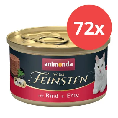 Animonda vom Feinsten Mousse con ternera y pato, 72 latas. Imagen de una lata con un gato blanco y descripción del producto.