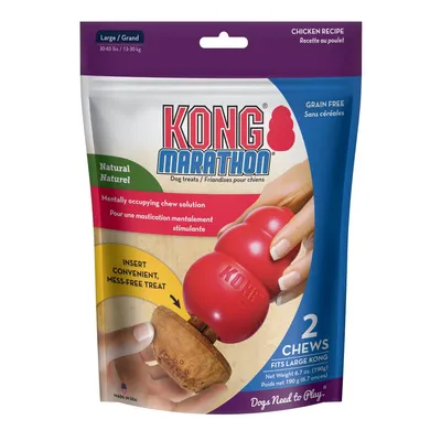 KONG Marathon Dog treats, 2 chews voor grote KONG, kiprecept, graanvrij, netto gewicht 190 g. Tekst: 'Mentally occupying chew solution', 'Insert convenient, mess-free treat'.