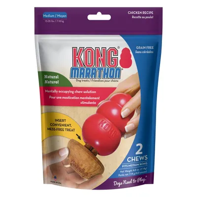 KONG Marathon hondensnack, 2 stuks, kiprecept, geschikt voor medium KONG, graanvrij. Tekst: 'Natural', 'Mentally occupying chew solution', 'Insert convenient, mess-free treat'.