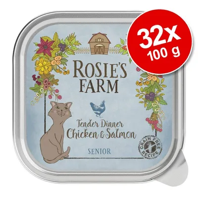 Rosie's Farm Tender Dinner Chicken & Salmon Senior kattenvoer, graanvrij recept, verpakking 32×100 g. Tekst en illustratie van kat zichtbaar op de verpakking.