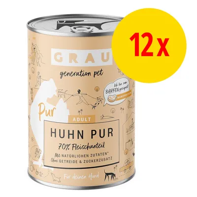 GRAU Huhn Pur Adult, 70% Fleischanteil, mit natürlichen Zutaten, ohne Getreide und Zuckerzusatz. Monoprotein, geeignet für BARF. Packung enthält 12 Dosen.
