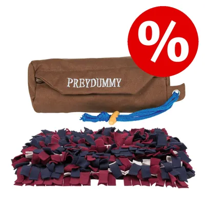 Lot avec un accessoire en tissu marron marqué PREYDUMMY et une couverture à franges bordeaux, bleu et beige ; pastille rouge avec symbole pourcentage visible.