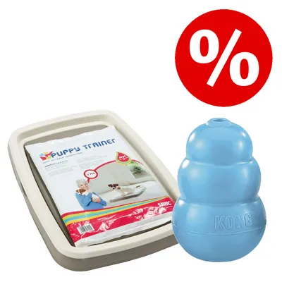 Lot avec tapis éducateur Puppy Trainer Savic et jouet bleu KONG, symbole de réduction en haut à droite.