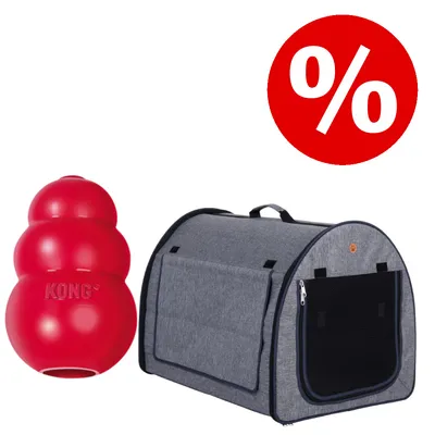 Rotes KONG-Spielzeug und graue Transporttasche mit Rabattzeichen (%).