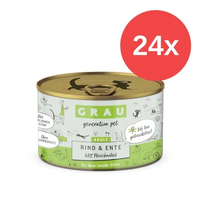 GRAU generation pet Adult ternera y pato, 68% de carne, sin azúcar añadido, sin cereales, con ingredientes naturales. Para gatos sensibles. Paquete de 24 latas.