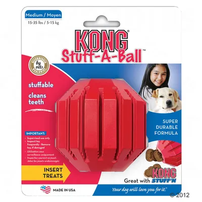KONG Stuff-A-Ball Medium, 15–35 lbs / 5–15 kg, stuffable, cleans teeth, super durable formula, insert treats, made in USA. Great with KONG Stuff'N. Important: supervised use only.