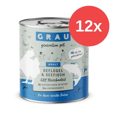 GRAU generation pet Adult Geflügel & Seefisch, 68% Fleischanteil, mit natürlichen Zutaten, ohne Zuckerzusatz, getreidefrei. Für sensible Katzen. Packung enthält 12 Dosen.
