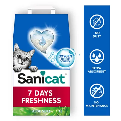 Sanicat kattenbakvulling, 7 Days Freshness, Aloe Vera, 4L. Oxygen Odour Control. No dust, extra absorbent, no maintenance. Tekst deels in het Engels zichtbaar op verpakking.