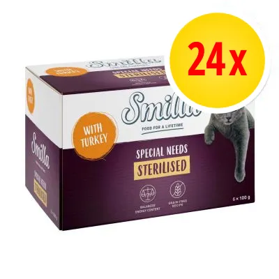Smilla Special Needs Sterilised with turkey, grain-free recipe, balanced energy content, pack of 24 x 100g shown on box.