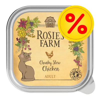 Rosie’s Farm Chunky Stew Chicken, adult, grain free recipe. Percentage discount symbol shown on packaging.