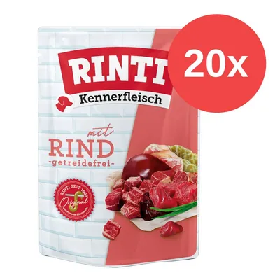 Rinti Kennerfleisch mit Rind, getreidefrei. Packung zeigt Fleischstücke und Zutaten. Hinweis: 20x Packungen enthalten.