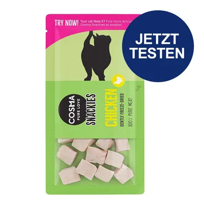 Cosma Snackies Chicken, gefriergetrocknetes Hühnerfleisch, 100% reines Fleisch. Jetzt testen.