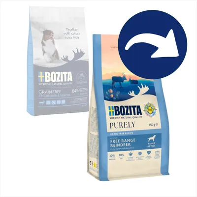 Bozita Purely Grain Free Rezept mit freilaufendem Rentier, 650g. Für aktive erwachsene Hunde. Protein 30%, Fett 20%, 74% tierische Zutaten.