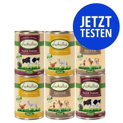 Lukullus Adult 400g Dosen: Rind & Truthahn, Geflügel & Lamm, Ente & Kalb. Jetzt testen Hinweis im blauen Kreis.