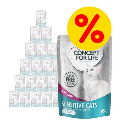 Multipack kapsiček Concept for Life Sensitive Cats with Lamb, Grain Free Recipe, Gravy, 85 g. Velký žlutý symbol procenta označující akci nebo slevu.