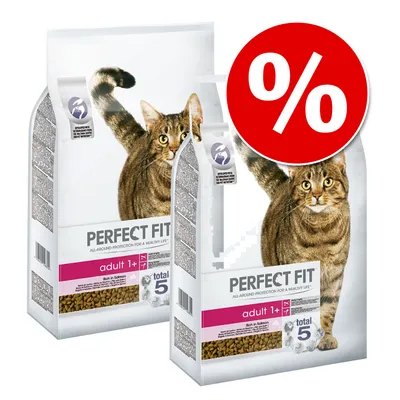 Perfect Fit adult 1+ Rich in Salmon macskatáp, két csomag, elöl nagy piros százalékjel akciós jelzéssel. Csomagon tigriscsíkos macska képe látható.